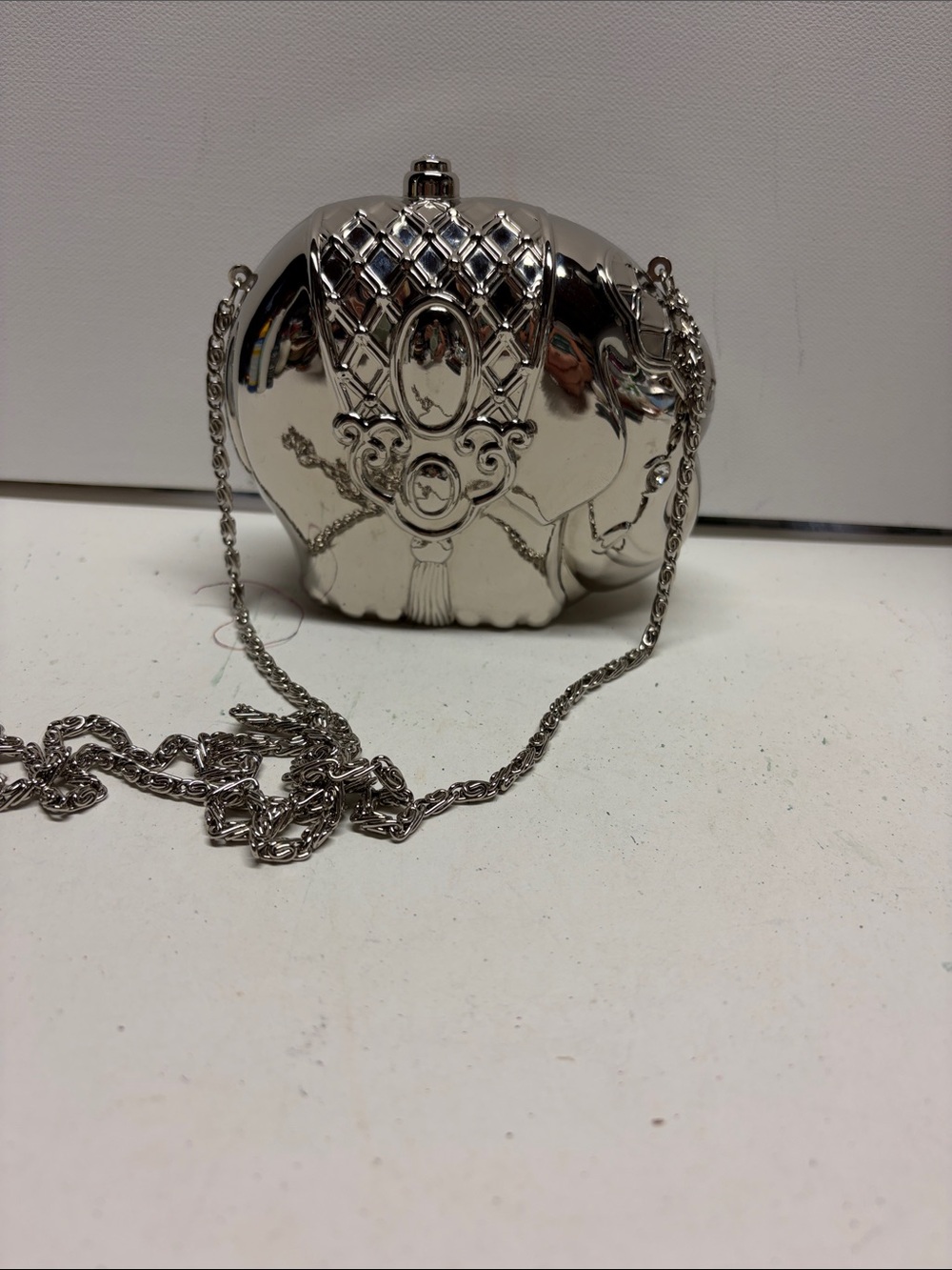 Ornate Silver Evening Clutch with Chain Strap
